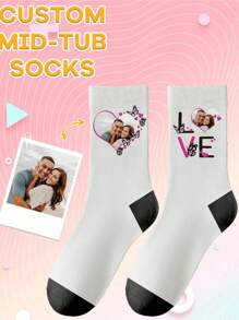1 par de calcetines casuales y cómodos de media caña para parejas, personalizados con imágenes de amor