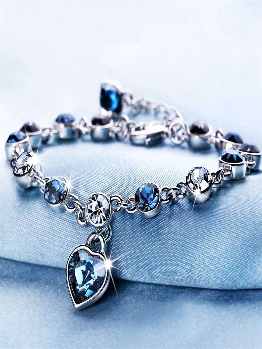 1pc Ocean Heart Crystal Heart Bracelet With Rhinestone Embellished Bow-Knot Design - Blue - View 1