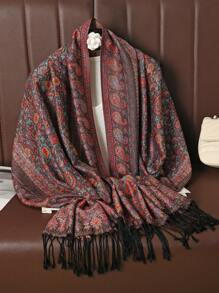 1 件复古佩斯利和格子锦缎印花羊绒围巾，柔软休闲波西米亚流苏披肩，适合日常通勤、旅行、外套装饰 - 彩色 - 查看 7