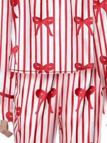Conjunto de pijama para mujer con estampado de lazo/corazón, blusa de manga larga con lazo y pantalones largos - Rojo - Ver 3