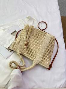 1 件女士度假休闲手提包，大容量，带流苏装饰和吊坠，复古风格单肩包，可拆卸长肩带，适合女大学生、妈妈、办公室女士，个性化创意时尚斜挎包 - 米色 - 查看 6