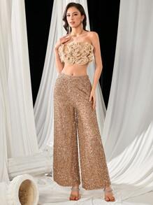 Fashionable Elegant Sexy Party 2pcs Set: Strapless Floral Cutout Crop Top & Wide Leg Sequin Pants - Apricot - View 1