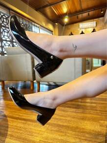 Women's Patent Leather Pumps Thick Heel Casual Dress Shoes - màu đen - Xem 1