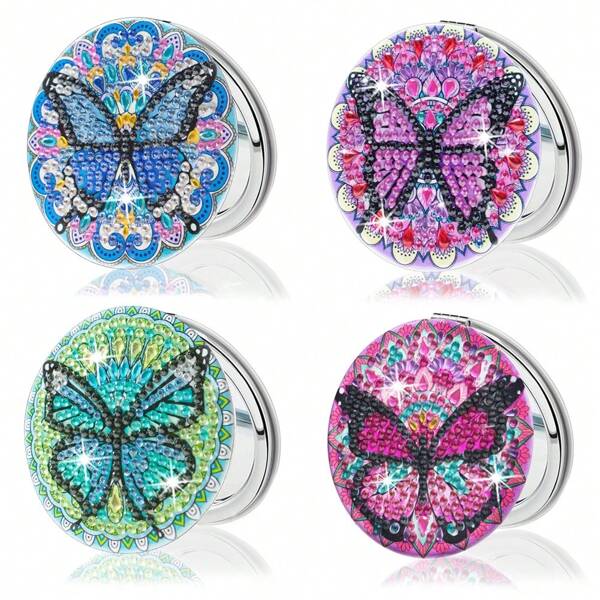 1pc Butterfly Diamond Painting Mirror Compact, PU Leather Diamond Art Pocket Mirror, Convenient For Quick Makeup, Suitable For Daily Commuting, Outdoor Travel, Shopping