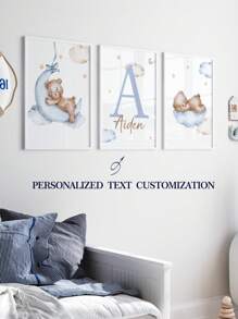 3 件套定制姓名印刷海报，个性化睡熊，蓝云月亮动物印花墙画，儿童房装饰，男孩卧室，生日礼物，无框，旅行收纳 - 藍色 - 查看 14