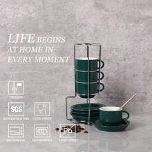 SWEEJAR - Tazas de café expreso de porcelana con platillos apilables de 118ml con soporte de metal para bebidas de café, latte, té, juego de 4 (Black) - Salida - Ver 2