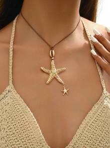 1pc Gold-Tone Fashionable Beachy Starfish Link Pendant Korean Wax String Necklace