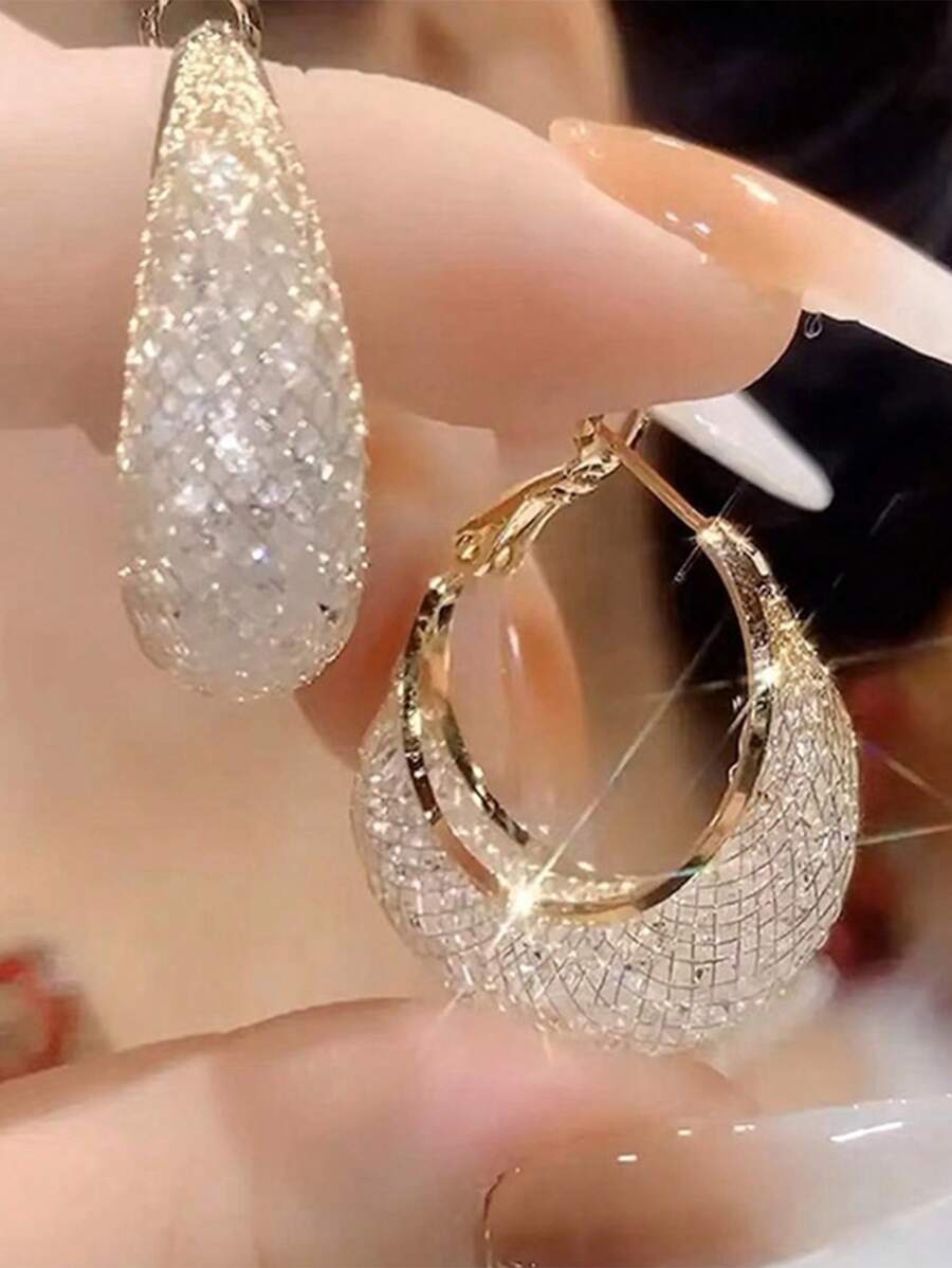 奢华金丝网水晶圈形耳环时尚、优雅、奢华、精致的网状图案闪亮圈形耳环耳饰、服装配饰，适合日常聚会、宴会、音乐会佩戴