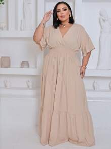 Plus Size Long Dress V Neck Short Sleeve - Nude - View 3