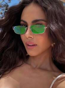 1 件复古风格半框太阳镜，时尚绿色时尚女士眼镜，为优雅的夏日假期增添魅力 - 彩色 - 查看 9
