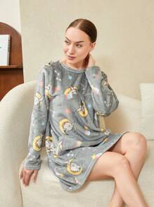 Camisón de Invierno para Mujer, Pijamas de Polar con Manga Larga, Cuello Redondo y Estampado, Dobladillo Largo(Recomendado para personas de 50 kg,No se limita al color mostrado en la imagen) - Multicolor - Ver 4