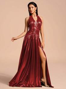 Romantica Women's Solid Color V-Neck Pleated Hem Slit Elegant Formal Dress, Sleeveless - Burgundy - View 6