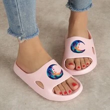 Women/Men's Summer Slippers, Indoor Outdoor Bathroom Shower Sandals, Couple Cartoon Slippers, Black/White/Pink Slippers - Dark Blue Moon Pink - View 1