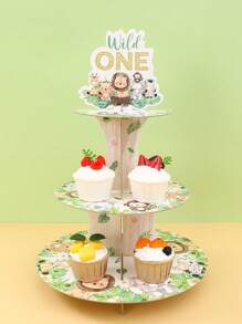 1Set 3 Tiers Jungle Animal Cupcake Cake Stand,Wild One Theme Birthday Party Decoration,Cardboard Cupcake Stand Holder,Cupcake Tower Dessert Holder,1st Birthday Party BabyShower Party Display Supplies,Table Decor Cake Decor