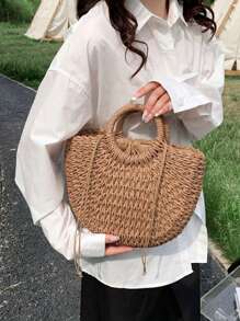 Bolso de playa de media luna de paja y ratán tejido a mano, de gran capacidad, para mujer, de estilo hueco y cruzado, bolso de hombro de verano de paja de media luna, hecho a mano, portátil, de gran capacidad, bolsa de playa, cesta tejida, bolso de asa superior, monedero y bolsas de tela