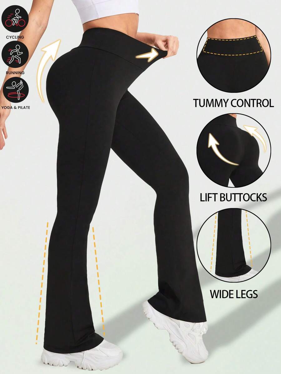 Quần legging ống loe cạp cao cho nữ, quần legging ống loe nâng mông, quần yoga ống loe ôm sát, quần legging thể thao ống rộng màu trơn, quần tập luyện kiểm soát vòng bụng màu đen, quần skinny thường ngày, quần thể thao mùa xuân - màu đen - Xem 1