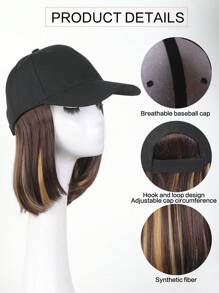 Gorra de béisbol con peluca para mujeres, gorra de béisbol negra con extensiones de cabello sintético rubio liso de 10 pulgadas, gorra de béisbol negra ajustable con peluca tipo bob de cabello rubio, negro y marrón, adecuada para mujeres y niñas