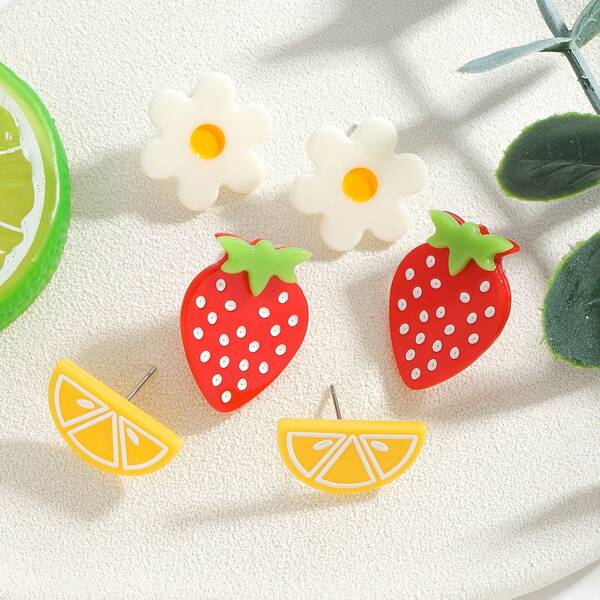 6pcs Cute Acrylic Fruit & Flower Design Drop Earrings For Women, Simple Strawberry & Lemon Floral Earrings, Suitable For Daily Wear, Outings And Gatherings