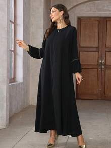 Elegant Solid Color Turkish Style Women Long Sleeve Maxi Abaya Dress With Zipper And Waist Tie