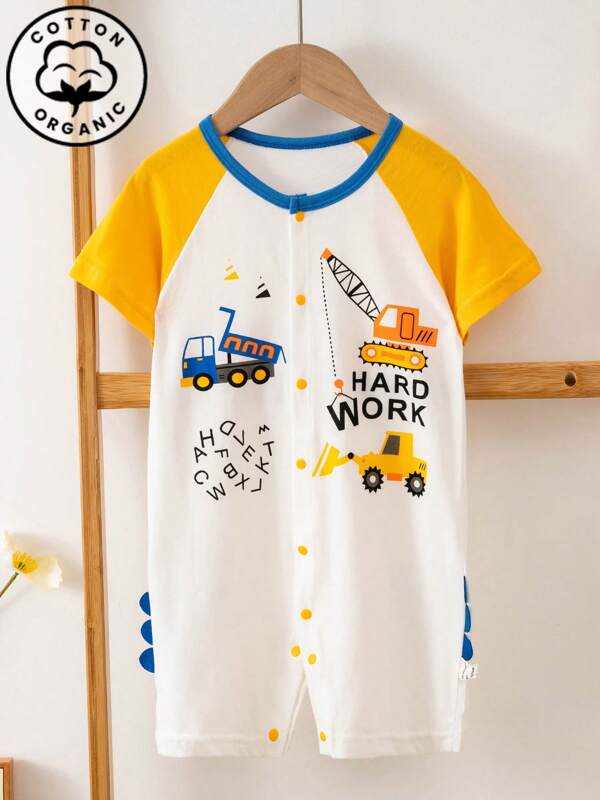 1 szt. kombinezon dla chłopców z nadrukiem w postaci samochodu z kreskówki, piżama z krótkim rękawem, odpowiednia do użytku domowego, na lato