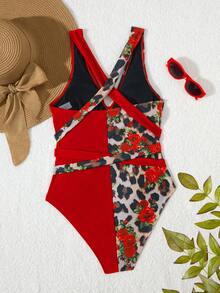 1pc Women's Red Leopard Print Sexy One-Piece Swimsuit