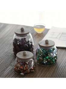 1pc Transparent Glass Storage Jar, High Borosilicate Glass Sealed Jar With Bamboo Wooden Lid & Wooden Bead Triangle Tea Canister Back To School