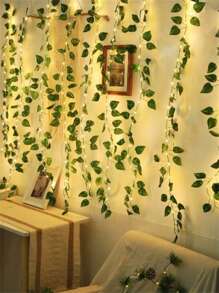 1 Dây đèn LED hình lá màu xanh lá cây dài 2m, 5m, 16.4ft, 10m, 32.8ft, chạy bằng pin, thích hợp trang trí phòng, sinh nhật, sân vườn, nhà cửa, phòng ngủ, đám cưới (Không bao gồm pin) - Dây đèn lá củ cải xanh - Xem 3