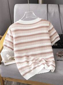 GIGOGOU New Women's Summer Striped Short Sleeve Hollow Out Knit T-Shirt - Pink - View 3