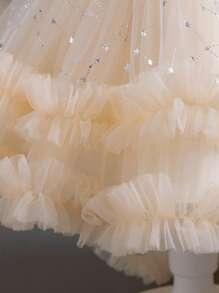 女童优雅高低公主裙，前短后长设计，适合生日派对、学校、演奏会、重要场合、夏季 - 香檳色 - 查看 9