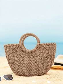 Bolso de playa de media luna de paja y ratán tejido a mano, de gran capacidad, para mujer, de estilo hueco y cruzado, bolso de hombro de verano de paja de media luna, hecho a mano, portátil, de gran capacidad, bolsa de playa, cesta tejida, bolso de asa superior, monedero y bolsas de tela