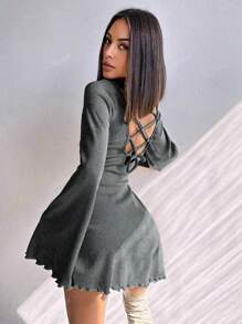 Fashionable Sexy Round Neck Solid Color Flare Sleeve Hollow Tie Up A-Line Short Dress
