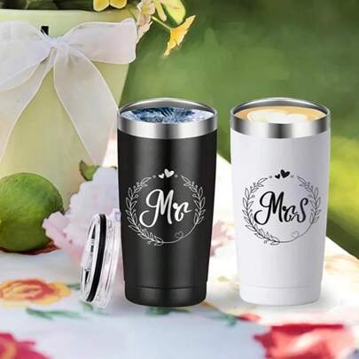 1 Pair "Mr. & Mrs." Stainless Steel Insulated Travel Mugs, Newlywed Couple, Bride & Groom, Engagement Anniversary Valentine's Day Party Wedding Gift, 20oz (600ml) (Black And White Are Individual Cups, Order The Set Of Black + White)