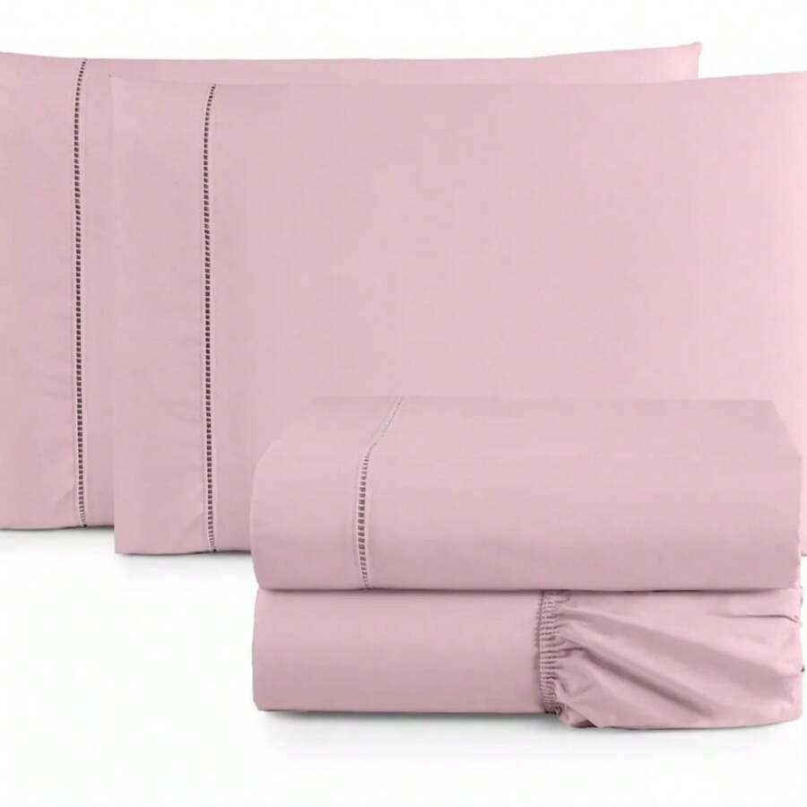 4-Piece King Size Sheet Set, Double Queen Size Percale, 200 Thread Count, 100% Plain Cotton, With Elastic, Soft Touch - 玫瑰 - 查看 1