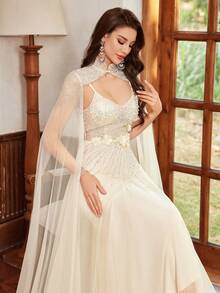 Elegant & Romantic Hand-Crafted Mesh Long Formal Party Dress, Exquisite Women's Evening Gown, Wedding Guest Dress, Prom Dress - Apricot - View 8