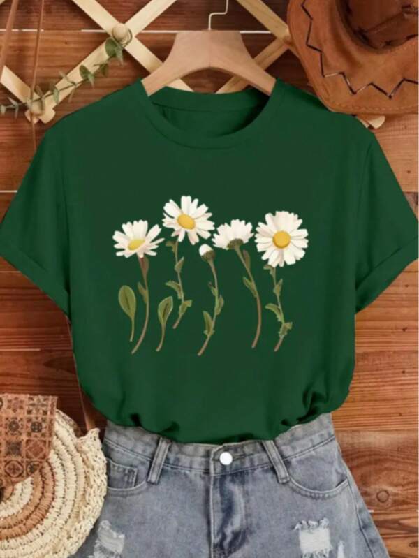 Camiseta Feminina Margaridas Blusa Estampada Estilo Over 100% algodão