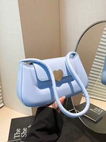 1pc Minimalist Solid Color Magnetic Heart Decor PU Zipper Shoulder Bag, Fashion Women Handbag For Work, Dating, Shopping