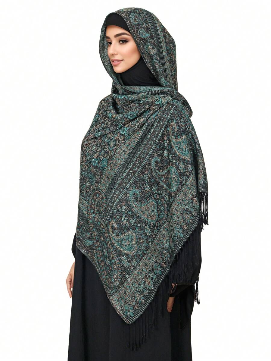 1 件复古佩斯利和格子锦缎印花羊绒围巾，柔软休闲波西米亚流苏披肩，适合日常通勤、旅行、外套装饰 - 彩色 - 查看 1