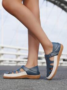 Vintage Rzymskie Sandały z Jedną Klamrą, Casual Gruba Podeszwa Zamknięte Palce Skórzane Sandały Z Miękką Podeszwą Dla Kobiet