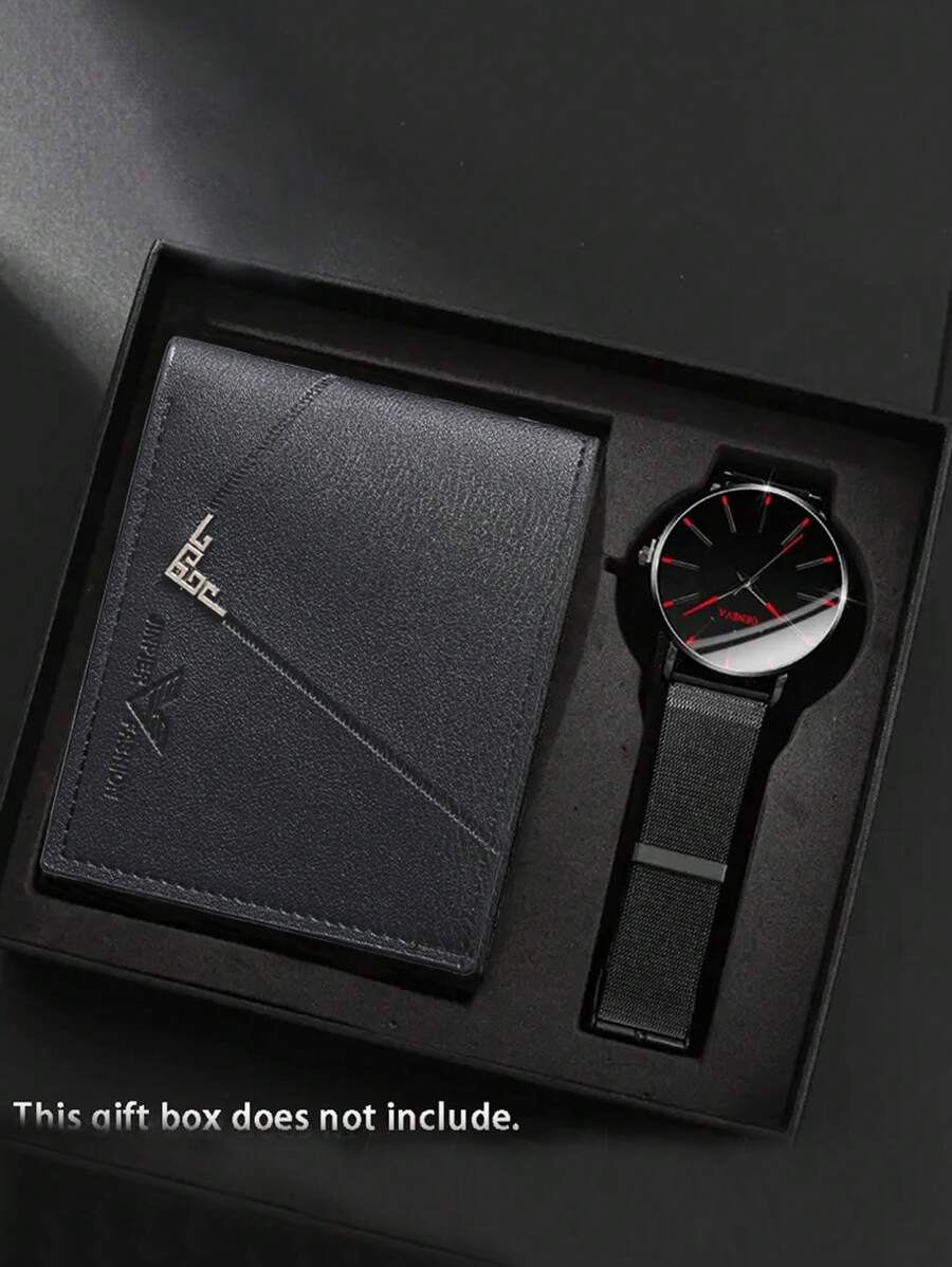 2pcs Fashion Mesh Men Watch Scale Simple Quartz Watch For Man And 1 Business Men's Wallet - Black - View 1