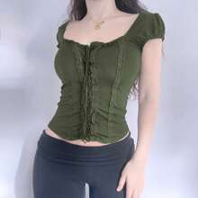 Women Y2K Short Sleeve Crop Tops Summer Retro Lace Trim Tie Front Slim Fit T-Shirt Fairy Grunge Streetwear