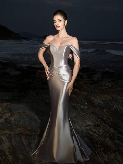 Vestido de dama de honra de cetim liso, ombro de fora, lindo, sexy, justo, para festa à noite, Halloween