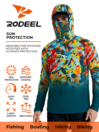 RODEEL Men's Hooded T-Shirt With Face Mask Gradient Printed Raglan Quick-Drying Breathable Long Sleeves Suitable For Outdoor Sports Fishing And Hiking