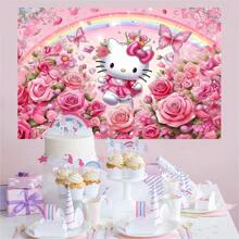 Sanrio 1 Pezzo di Licenza Bandiera Decorativa di Sfondo per Feste di Compleanno a Tema Cartone Animato con Gatto Bianco, Rosa e Arcobaleno, Perfetto Elemento Decorativo per Decorazione di Camera da Letto, Doccia, Foto, 210x150x100/100x75 cm