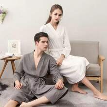 1pc Lightweight & Fashionable Home & Beach Robe, Quick Dry Soft Robe, Couples Loungewear, Simple Plaid Bathrobe, Sexy Sleepwear, Unisex Style Summer Wedding Home Bathroom Decor Back To School