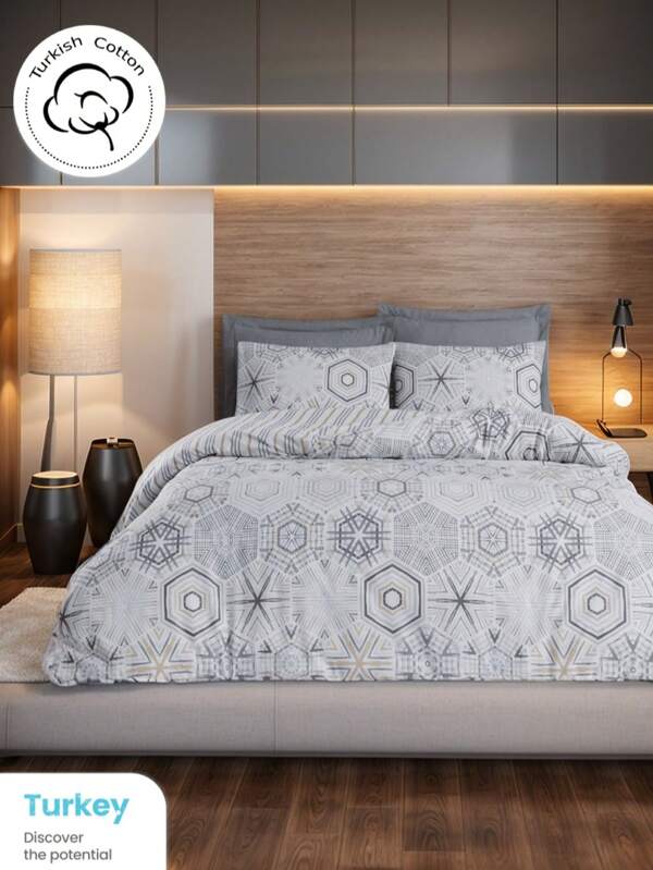 3/4-teiliges Bettwäsche-Set | Modernes geometrisches Muster | Eleganter minimalistischer Bettbezug + Spannbettlaken + 2 Kissenbezüge | Ganzjährig | Kartonverpackung