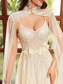 Elegant & Romantic Hand-Crafted Mesh Long Formal Party Dress, Exquisite Women's Evening Gown, Wedding Guest Dress, Prom Dress - Apricot - View 7