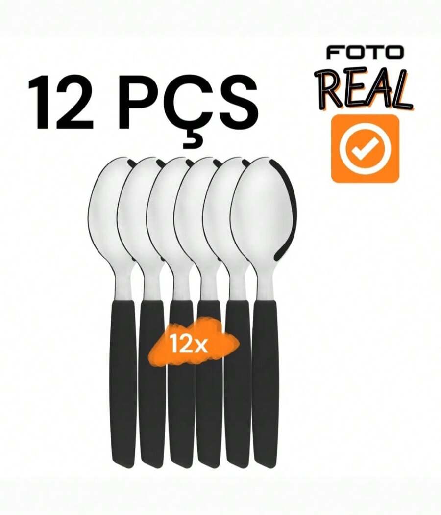KIT Jogo De Talheres 12 Colheres de Mesa Com Lâmina Em Aço Inox Cabo Preto - Preto - Visão 1