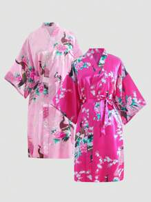 2pcs Young Girl Pink Floral Print Long Robe Set - Multicolor - View 1