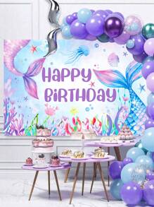 1pc Purple Mermaid Style Background Cloth,Purple Mermaid Tail Pattern Birthday Banner With "Happy Birthday", Background Cloth Perfect Decoration Birthday Party, Birthday Ceremony Family Holiday Party Room Wall Decoration, Outdoor Party Fence Decorations,Birthday Decor