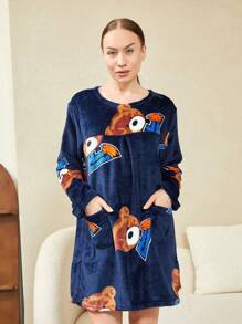 Camisón de Invierno para Mujer, Pijamas de Polar con Manga Larga, Cuello Redondo y Estampado, Dobladillo Largo(Recomendado para personas de 50 kg,No se limita al color mostrado en la imagen) - Multicolor - Ver 10